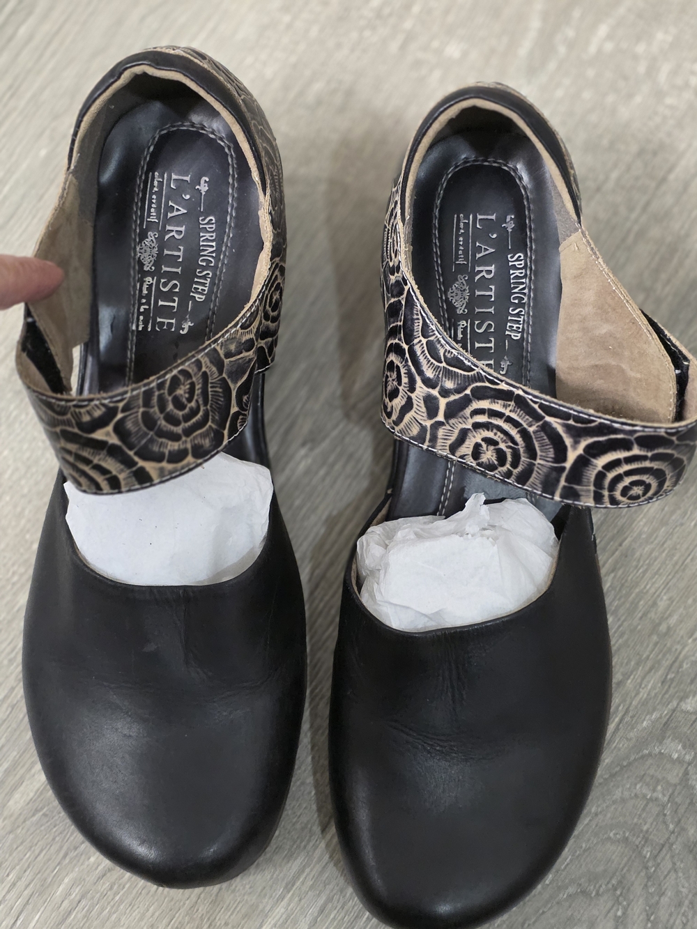 Spring Step Black Leather Mary Jane Flats with Floral Strap